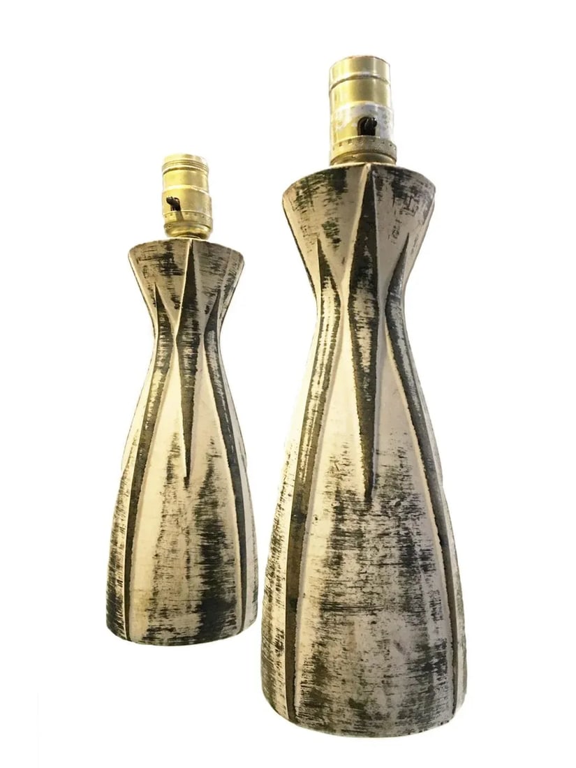 1950s Molded Ceramic Table Lamps, Hand Painted With Embossed Pattern - a Pair - 3
