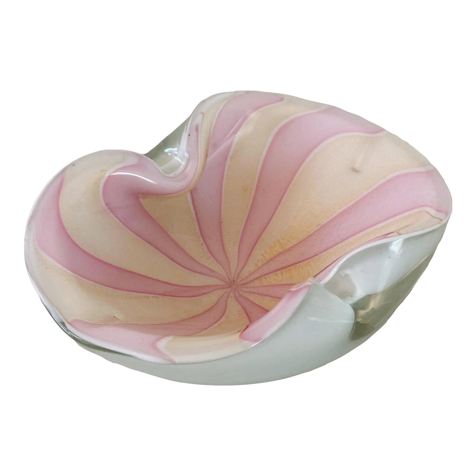Mid-Century Murano Glass Candy Dish in Peach and Pink Pinwheel Stripes With White: Mid-Century Murano Glass Candy Dish in Peach and Pink Pinwheel Stripes with White Measures approx: 3.5H x 7L x 5.5W Please visit my other listings for more curated treasures. Condition: Alterations: O