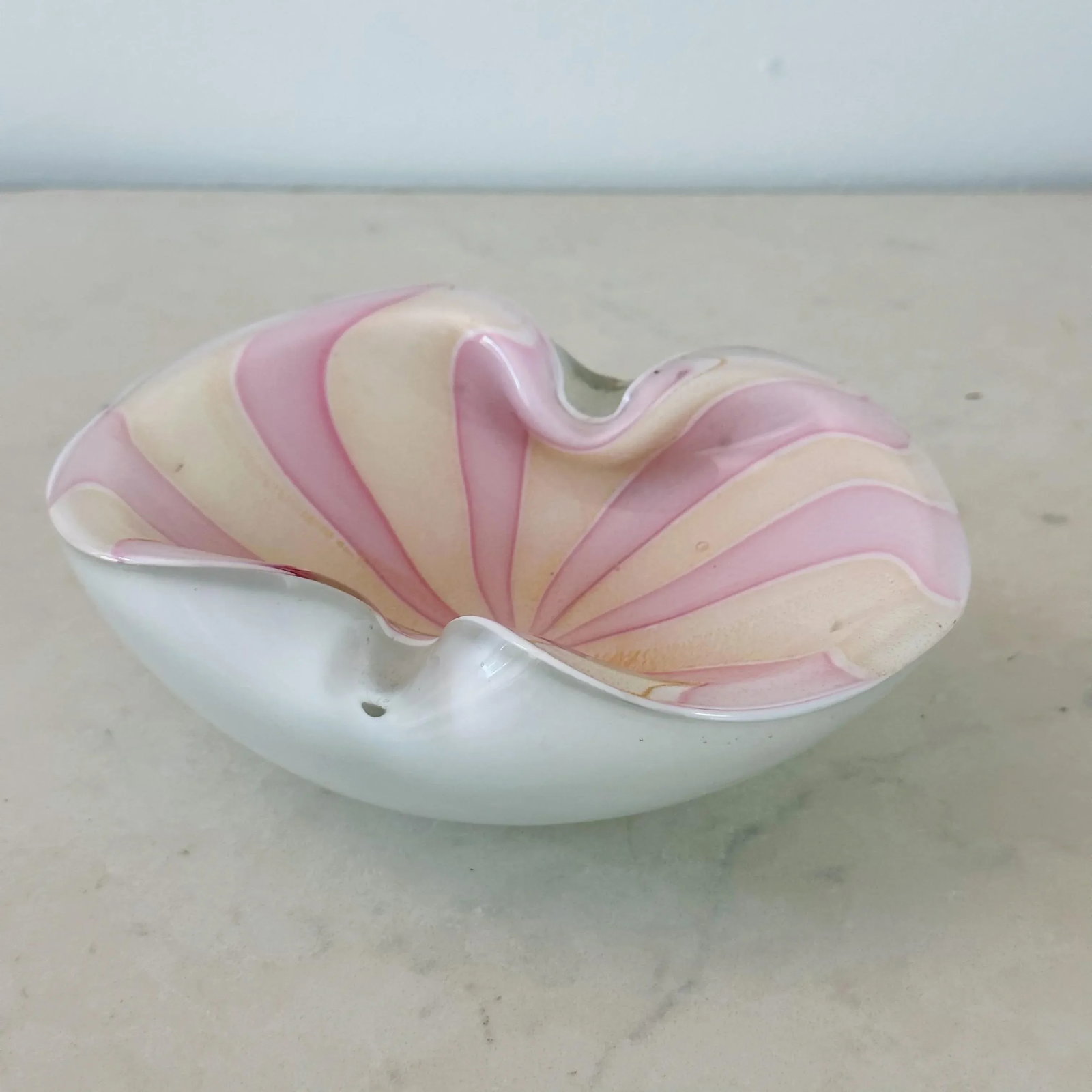 Mid-Century Murano Glass Candy Dish in Peach and Pink Pinwheel Stripes With White - 2