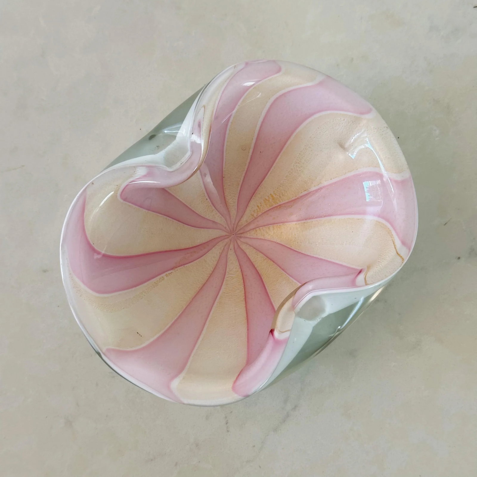 Mid-Century Murano Glass Candy Dish in Peach and Pink Pinwheel Stripes With White - 4