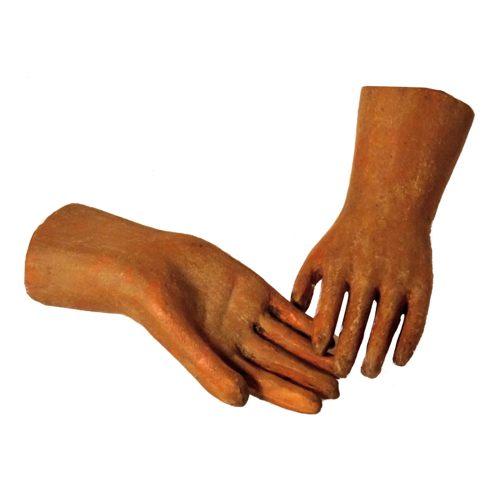 Small Vintage Santos Hands - A Pair: Pair of small vintage santos hands with a lovely terracotta-hued patina. If you are looking for something different in the line of "objets d'art" for your home, this fits the bill. Please note: the