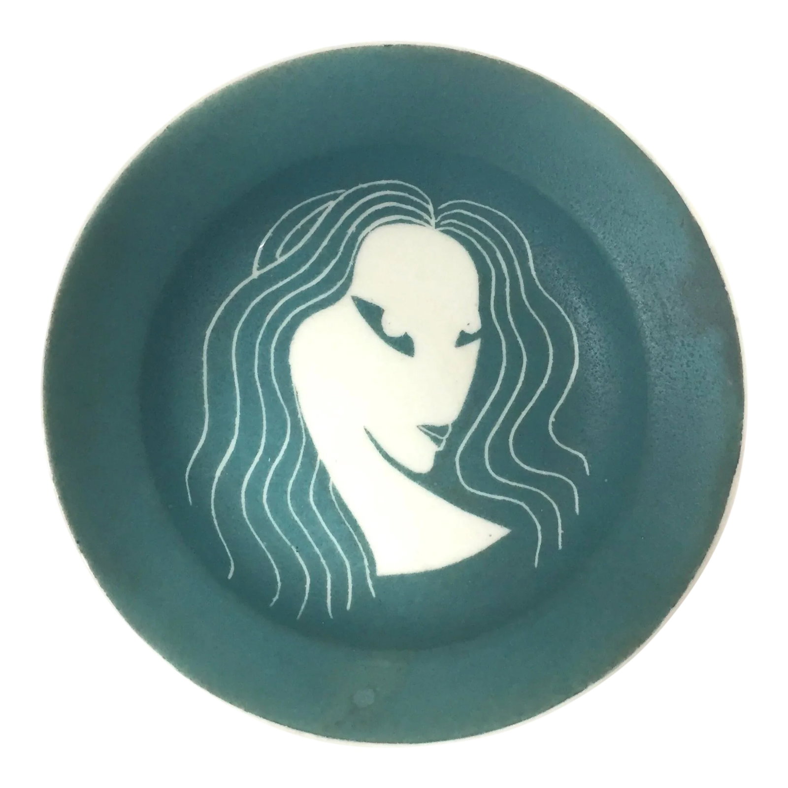 Vintage Green and White Stylized Art Deco Female Bust Dish by Waylande Gregory: Vintage green and white dish or bowl with stylized Art Deco female bust made by Waylande Gregory in the sgraffito style circa 1940s-50s, unsigned but with taped number on bottom from Waylande Gregory