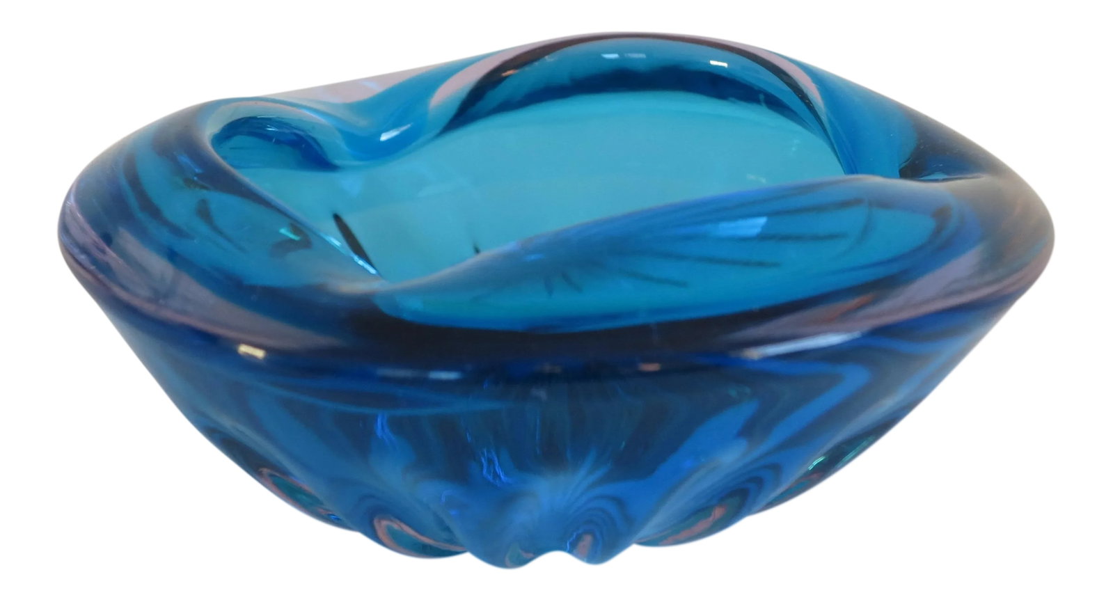 Mid Century Bright Blue Murano Glass Bowl With Starburst Ribbing: A beautiful mid century Italian, Murano glass bowl with stunning ribbed base. Unsigned. Condition: Alterations: Original Condition Unaltered Imperfections: Some Imperfections Condition Notes: One tiny