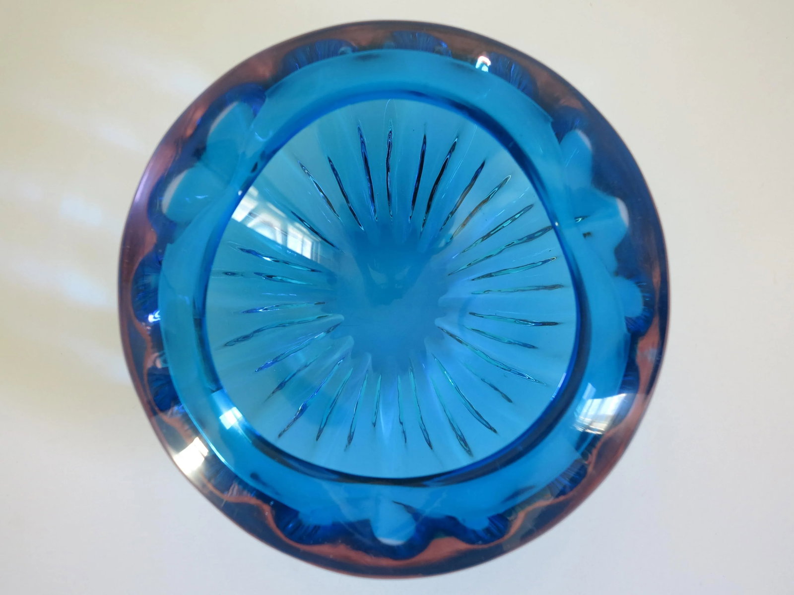 Mid Century Bright Blue Murano Glass Bowl With Starburst Ribbing - 2