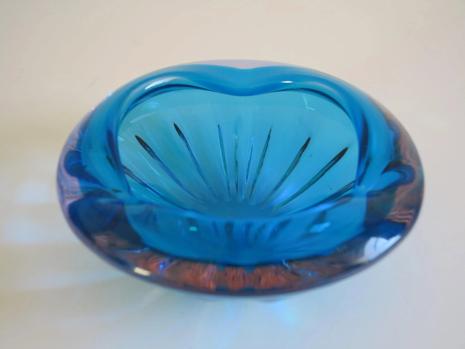 Mid Century Bright Blue Murano Glass Bowl With Starburst Ribbing - 4