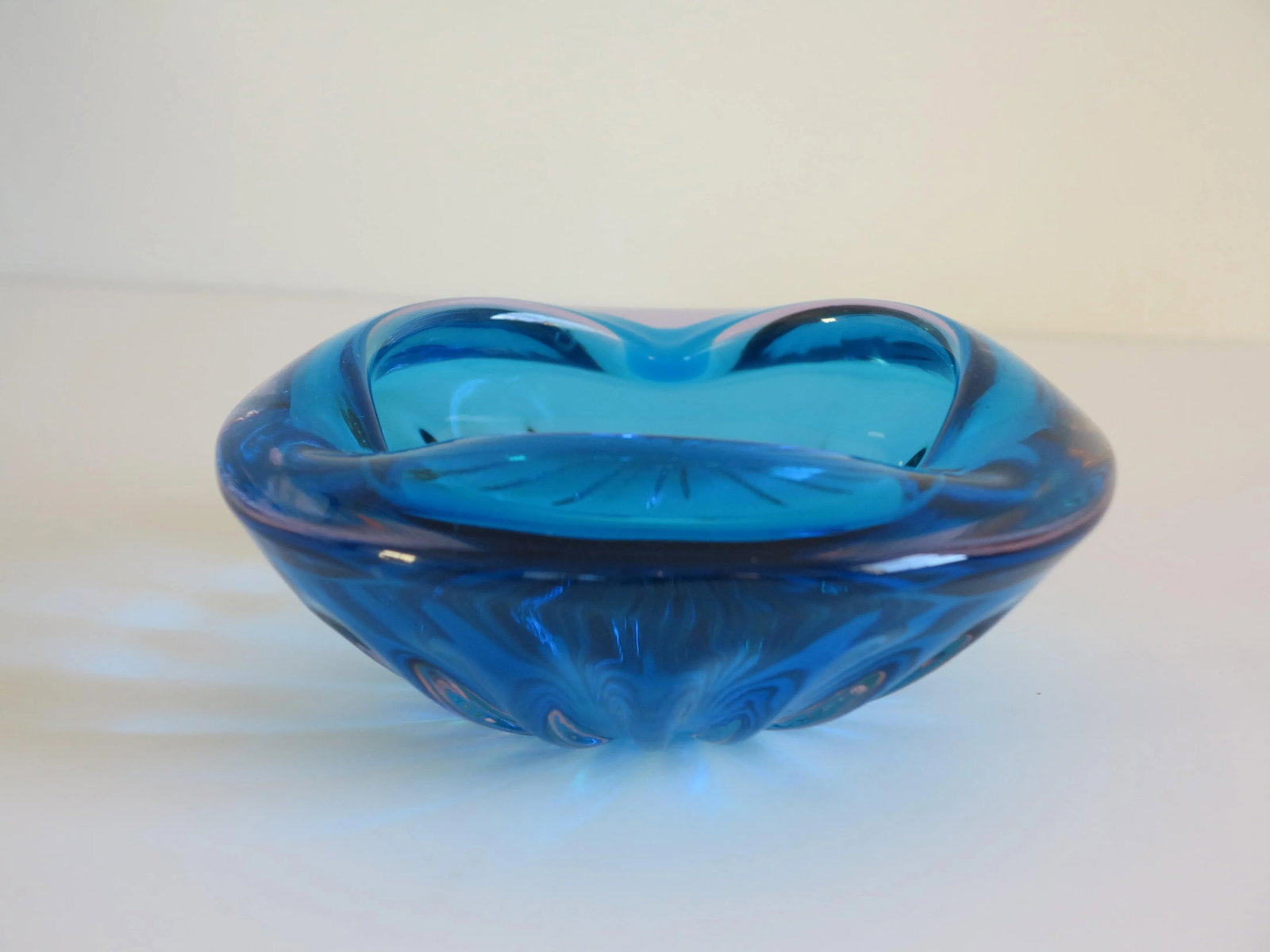 Mid Century Bright Blue Murano Glass Bowl With Starburst Ribbing - 5