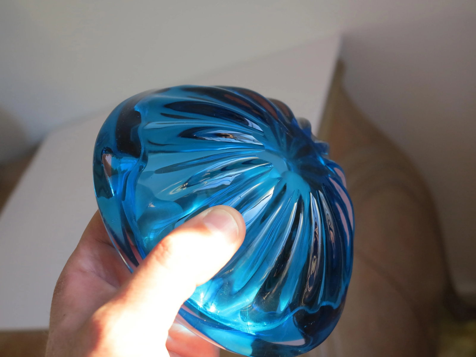 Mid Century Bright Blue Murano Glass Bowl With Starburst Ribbing - 6