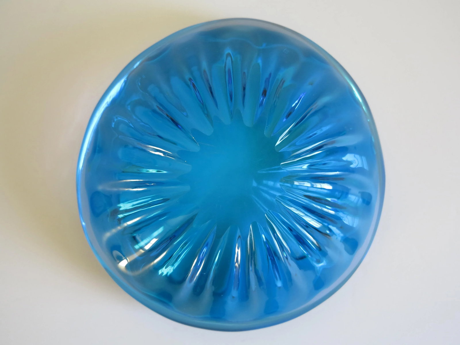 Mid Century Bright Blue Murano Glass Bowl With Starburst Ribbing - 7