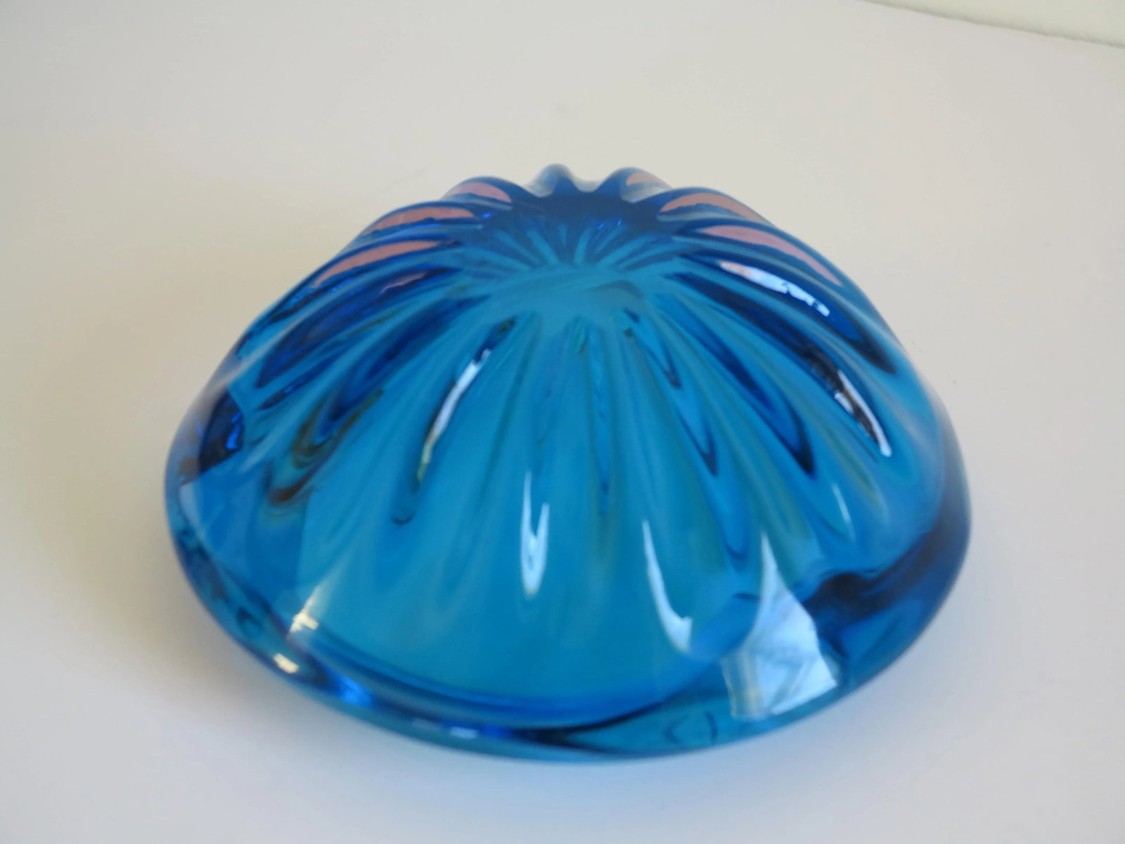 Mid Century Bright Blue Murano Glass Bowl With Starburst Ribbing - 8