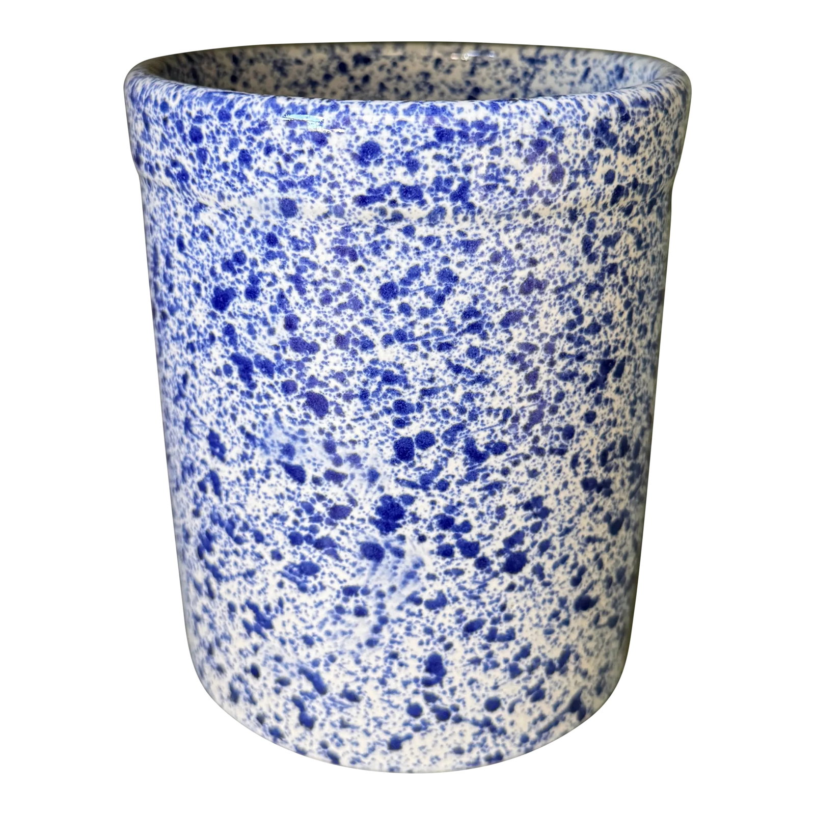 Vintage Handmade Splatter Glaze Kitchen Vessel: Vintage and hand made kitchen vessel in blue and white splatter glaze. Use to hold cooking utensils, paintbrushes, or even as a wine chiller. In excellent condition. Condition: Alterations: Original C
