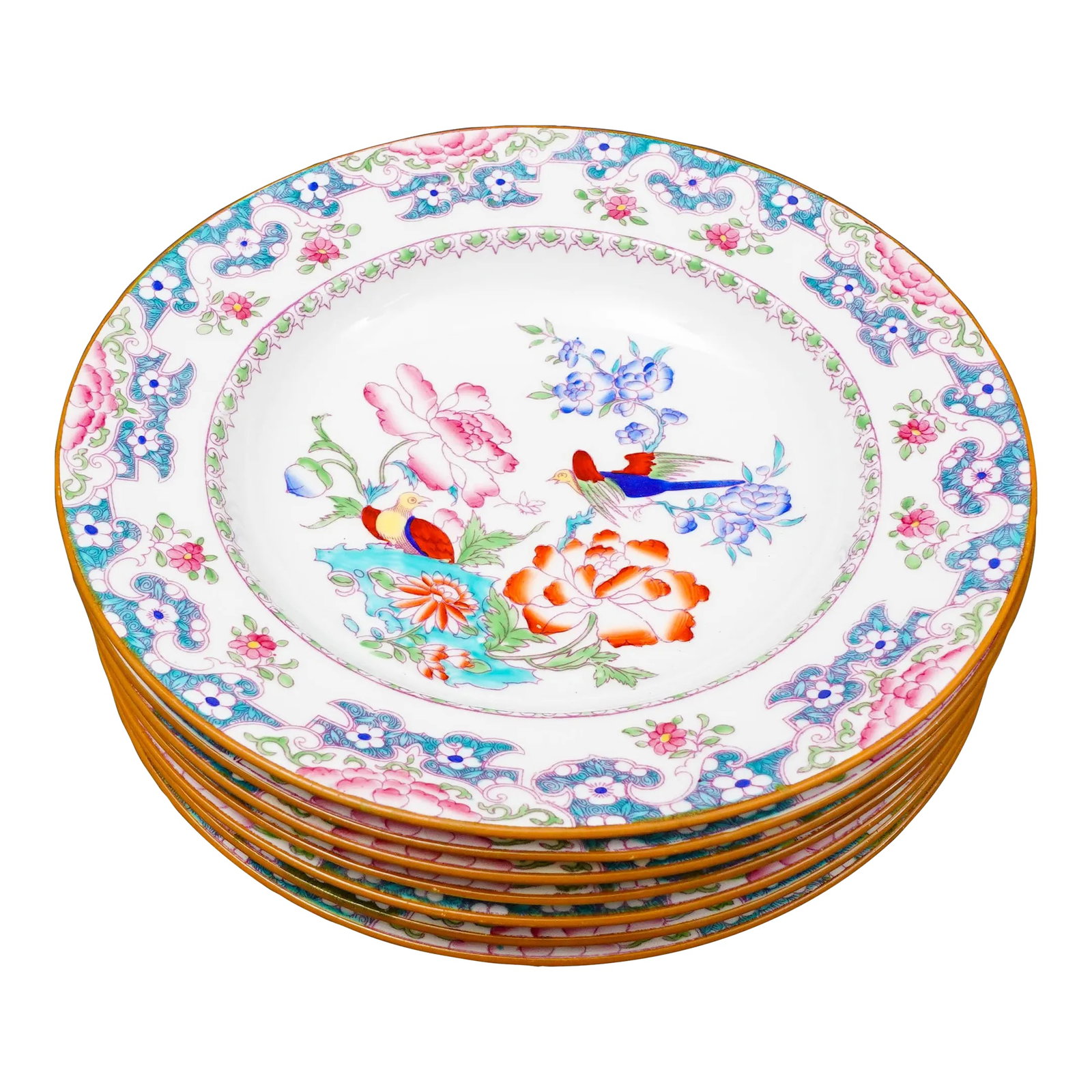 Mid 20th Century Minton England for Tiffany & Co. B894 Floral Bird Rimmed Soup Bowls- Set of 7