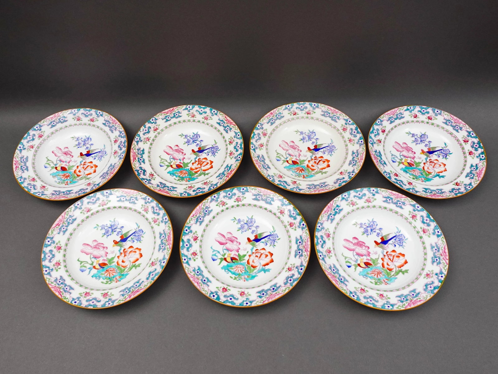 Mid 20th Century Minton England for Tiffany & Co. B894 Floral Bird Rimmed Soup Bowls- Set of 7 - 2