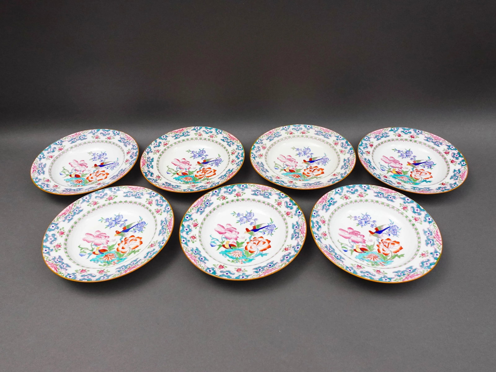 Mid 20th Century Minton England for Tiffany & Co. B894 Floral Bird Rimmed Soup Bowls- Set of 7 - 3