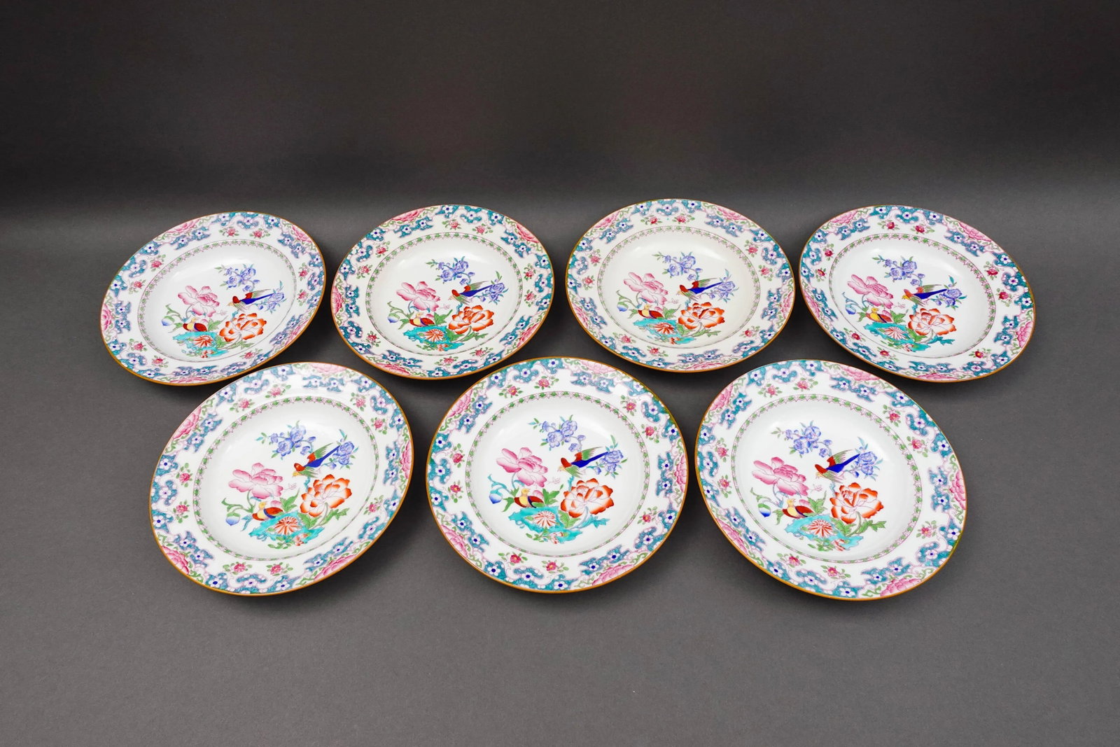 Mid 20th Century Minton England for Tiffany & Co. B894 Floral Bird Rimmed Soup Bowls- Set of 7 - 4