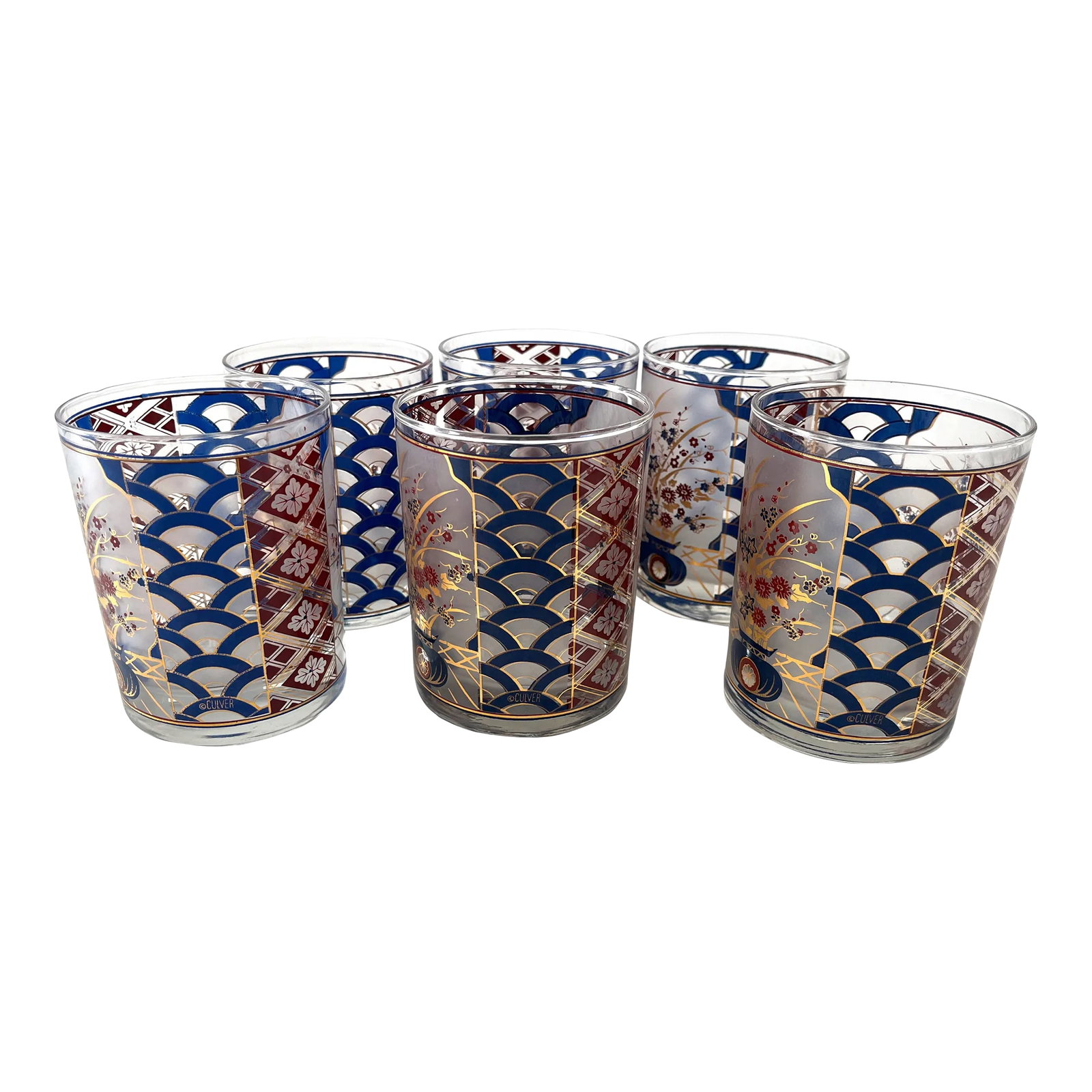 Culver Imari Double Old Fashioned Glasses, Set of 6: Vintage Culver Imari double old fashioned glasses. Lovely rich colors of gold, red and navy on this high style drink ware set. Circa 1950s-60s. Set of 6. See condition report Condition: Alterations: