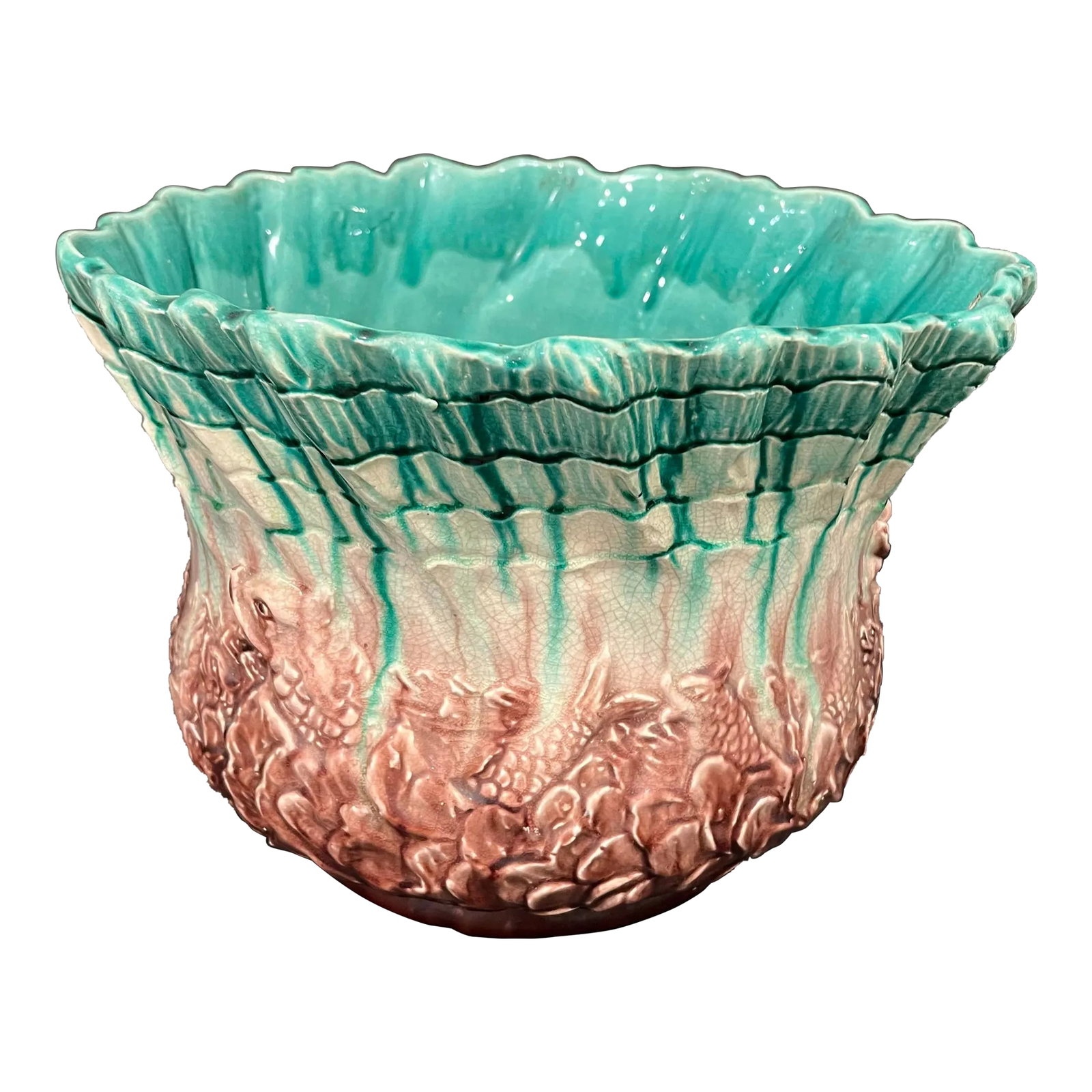 Antique Large j.b. Owens Majolica Jardiniere or Planter: A scare piece of J.B. Owens Pottery Company with color blended under sea motif with fish, vegetation, and a wave-like ripple. Dating from the early 1900s, it is perfect for holding a plant or to displ
