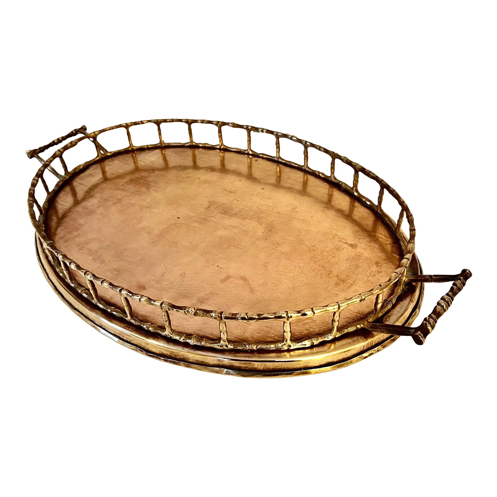 Oval Brass Bamboo Tray in the Style of Ralph Lauren: Brass Bamboo Tray - these trays are very popular and make a lovely presentation or decorative piece. Made of solid Brass with a bamboo style motif the tray is large and round. Perfect for outdoor