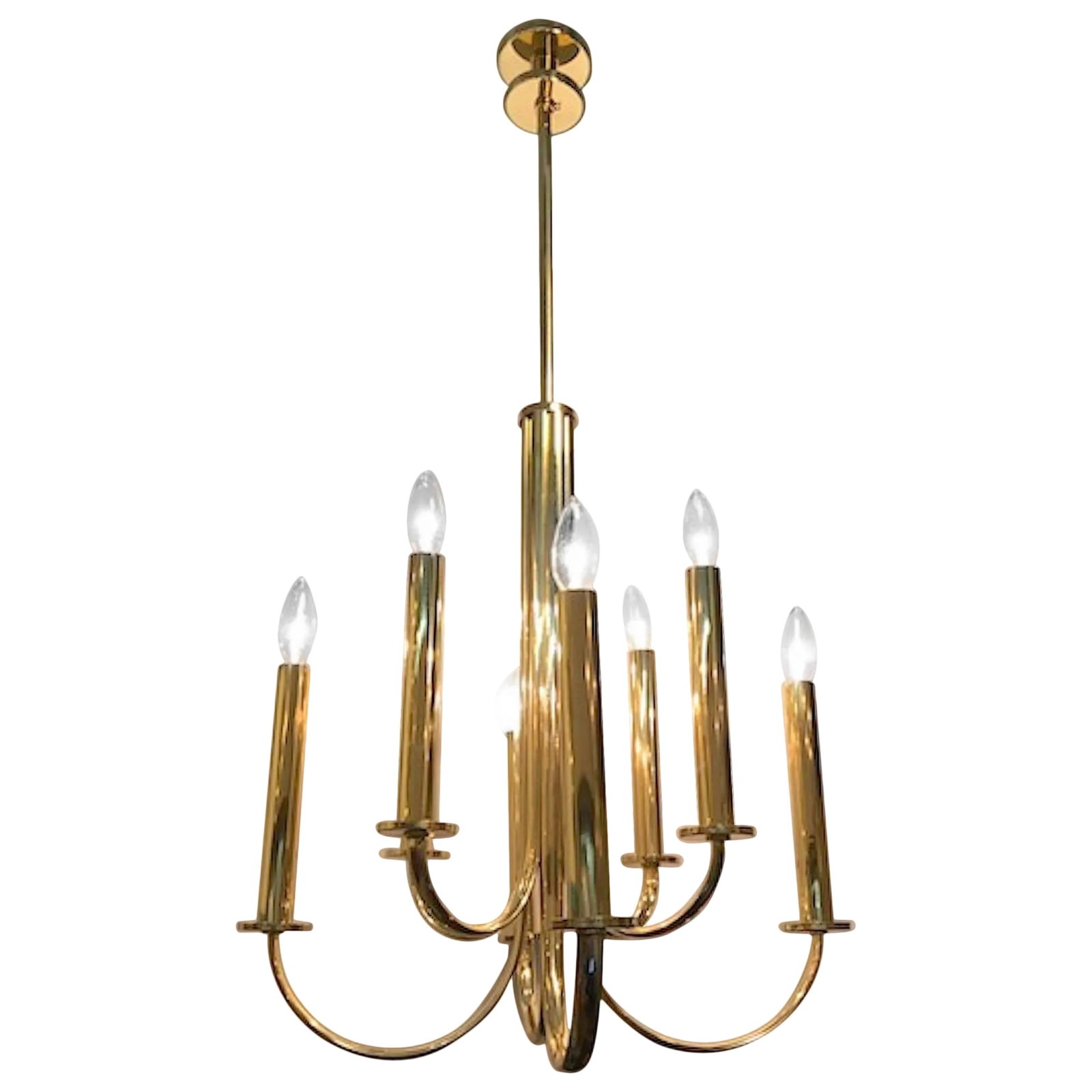 Italian, 1930s Fascist Period Art Deco Chandelier: A wonderful example of Italian, 1930s Art Deco and Fascist period lighting in an elegant and clean design. A total of six arms laid out in a square format when seen from below. Four shorter inner arm