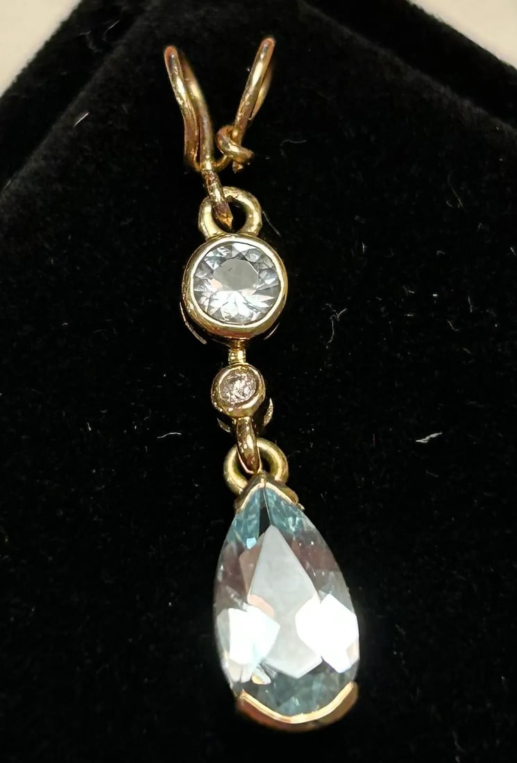 Teardrop Aquamarine and Diamond 14k Yellow Gold Pendant - 6