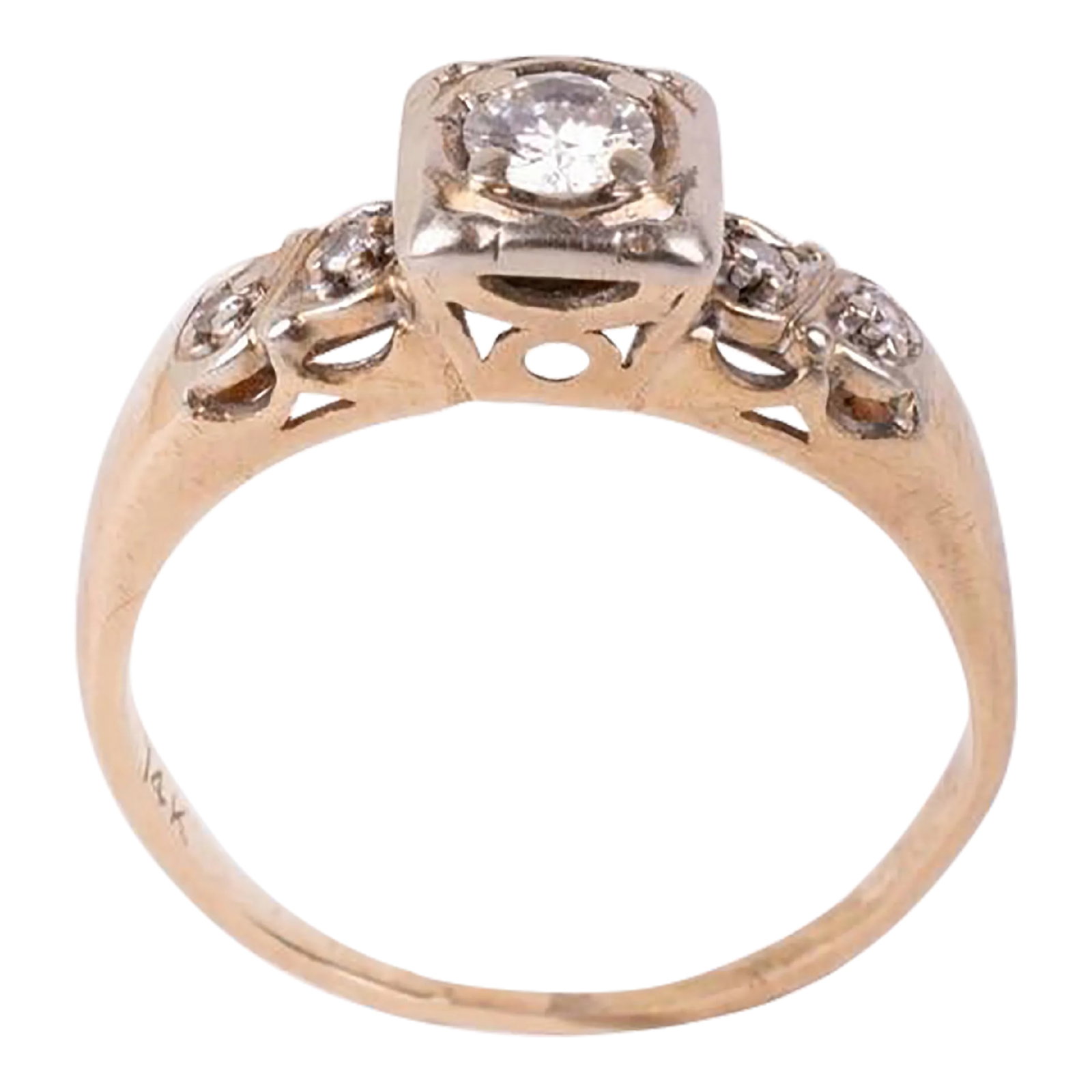 Edwardian Diamond & 14k Yellow Gold Ring Size 6.5: This is part of Chairish's Fine Jewelry assortment. Edwardian Diamond & 14k Yellow Gold Ring. Ring Size: 6.5 in. Center Diamond: approx. Diam. 4.42 mm x 4.11 mm x D. 2.9 mm, .310 carat Weight of