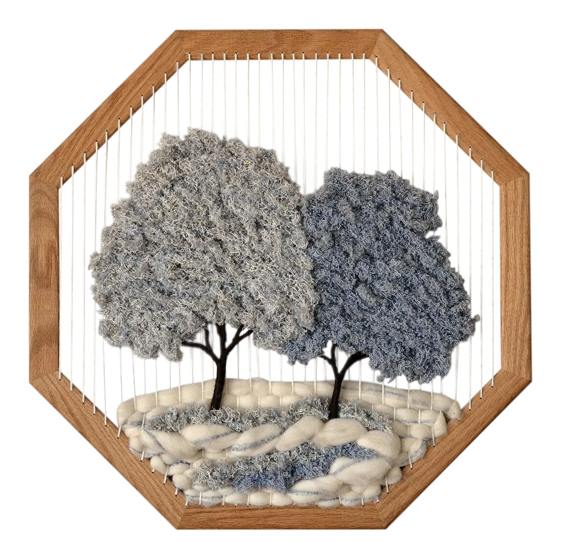 Vintage Mid-Century Vertical Strings Macrame Wallhanging: The sweetest looking macrame wallhanging you'll ever lay eyes on! This rare 1970s textile art piece depicts a calming nature scene with two trees clinging on a pattern made of vertical parallel