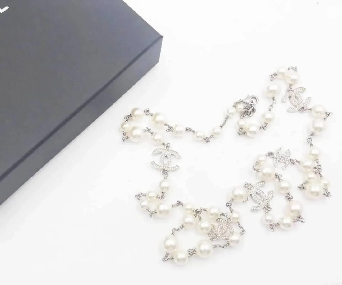Chanel 5 Silver CC Crystal Faux Pearl Long Necklace - 2
