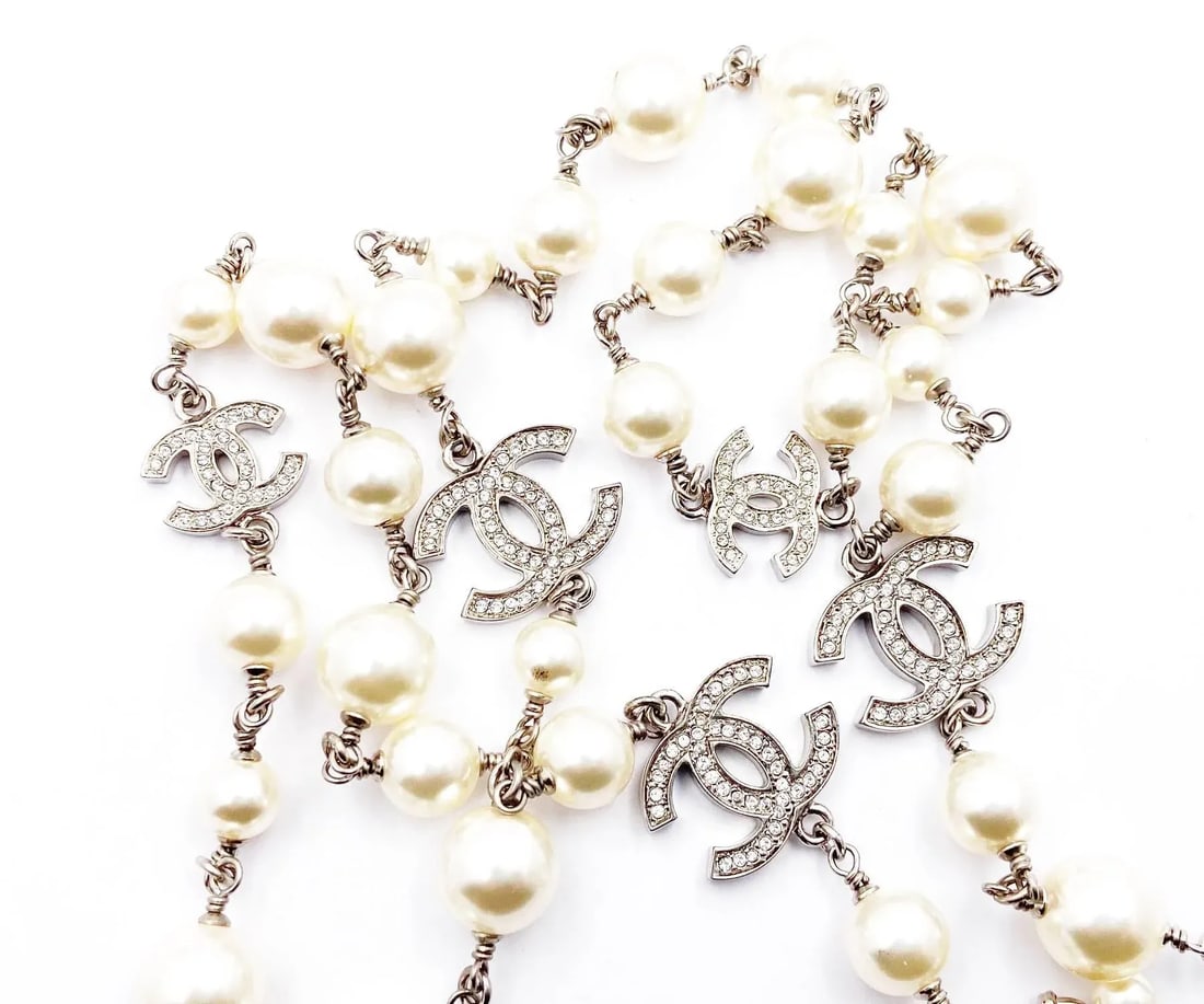 Chanel 5 Silver CC Crystal Faux Pearl Long Necklace - 3