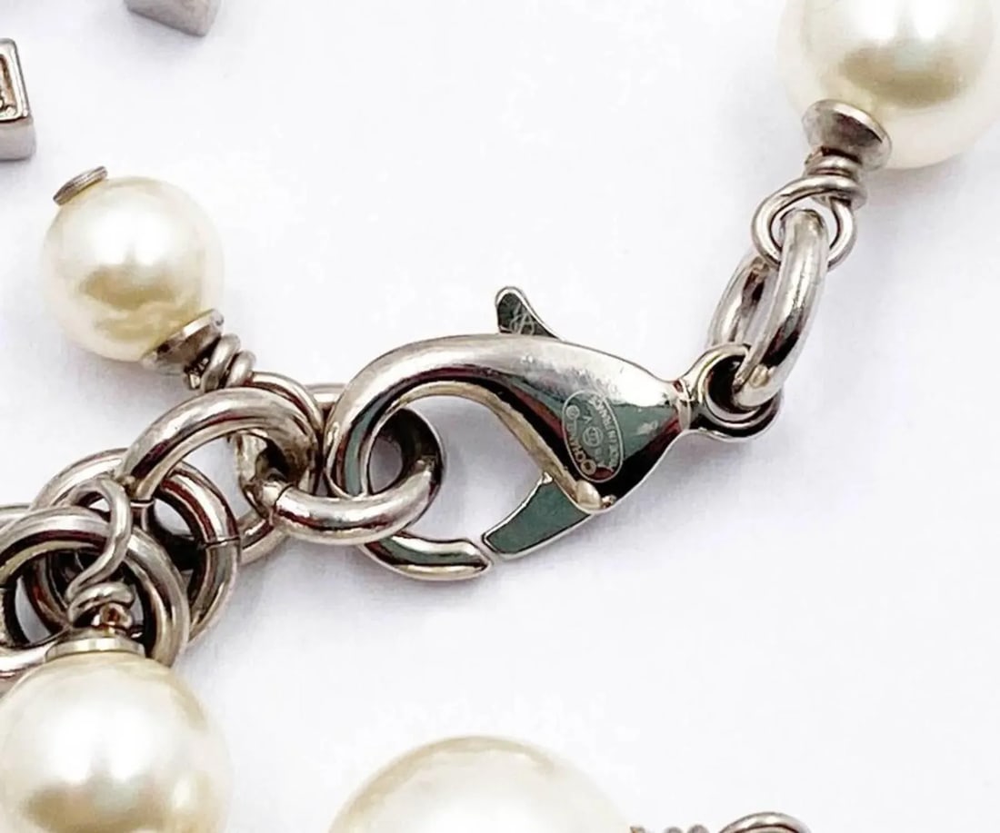 Chanel 5 Silver CC Crystal Faux Pearl Long Necklace - 4