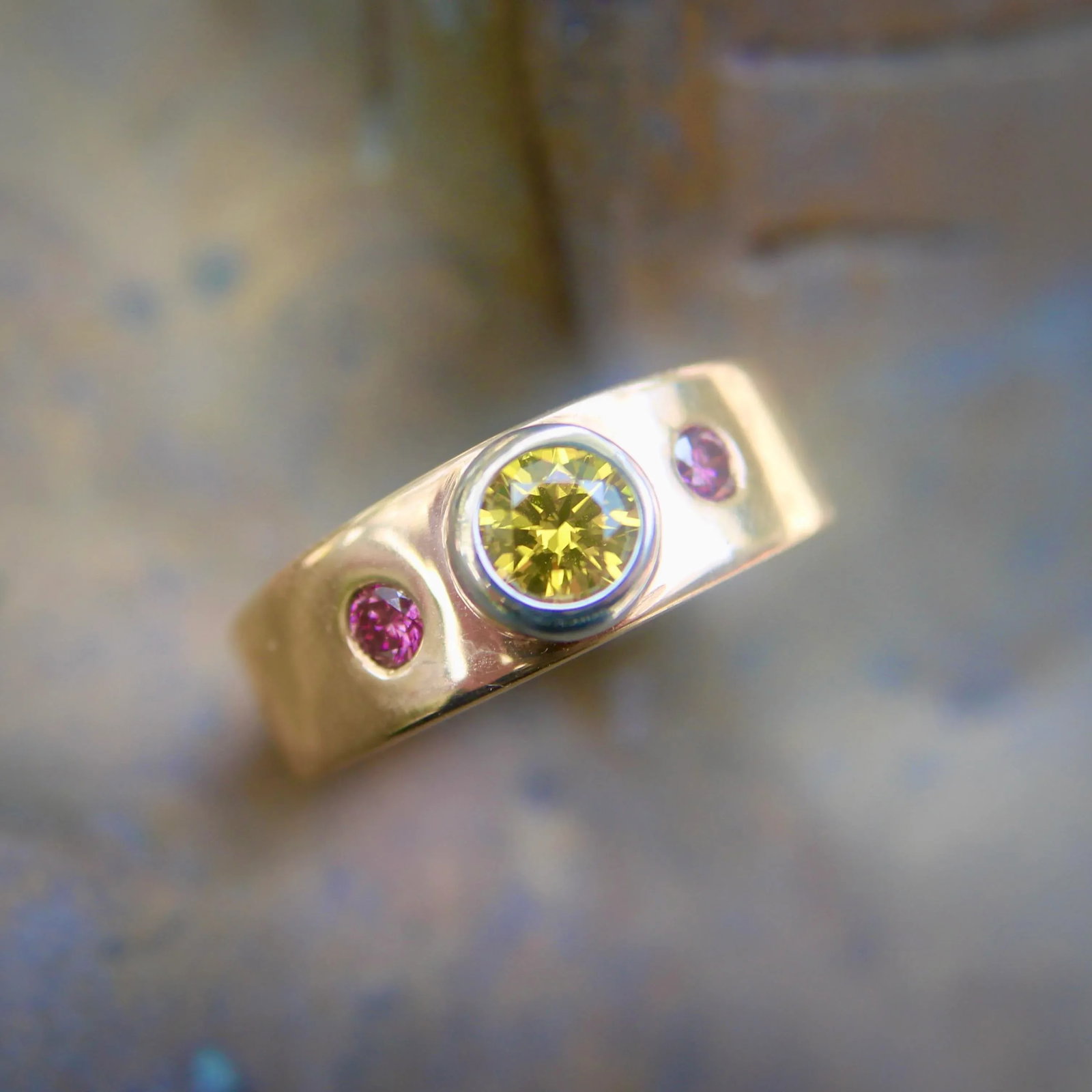 Mwm Goldsmithing 14k Gold Fancy Yellow and Pink Diamond Ring Size 6 - 11