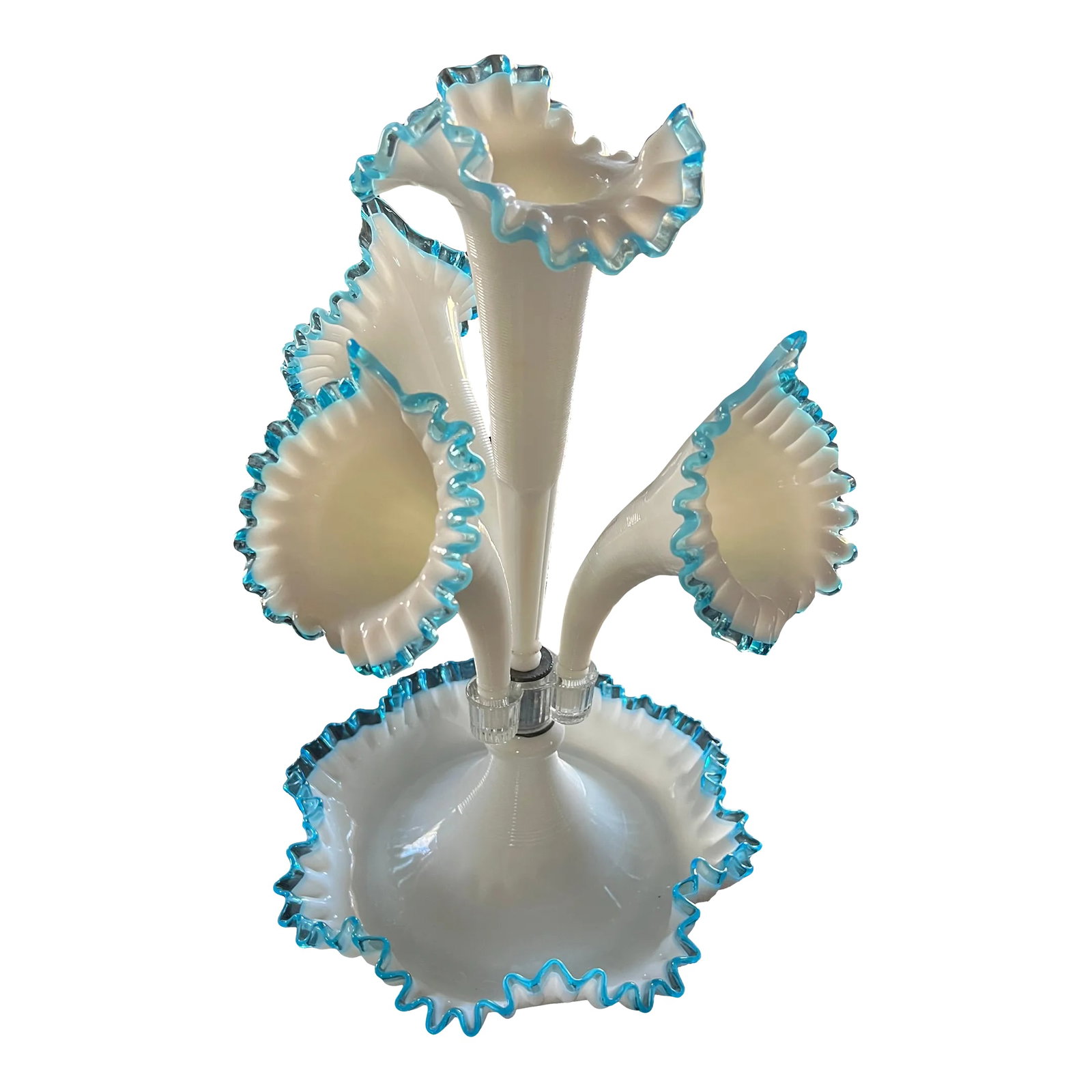 1950s Fenton Epergne Trumpet Vase: Fenton Epergne with Four Trumpets in a White Milk Glass and Aqua Crest Ruffle Design. Condition: Alterations: Original Condition Unaltered Imperfections: Some Imperfections Condition Notes: Great
