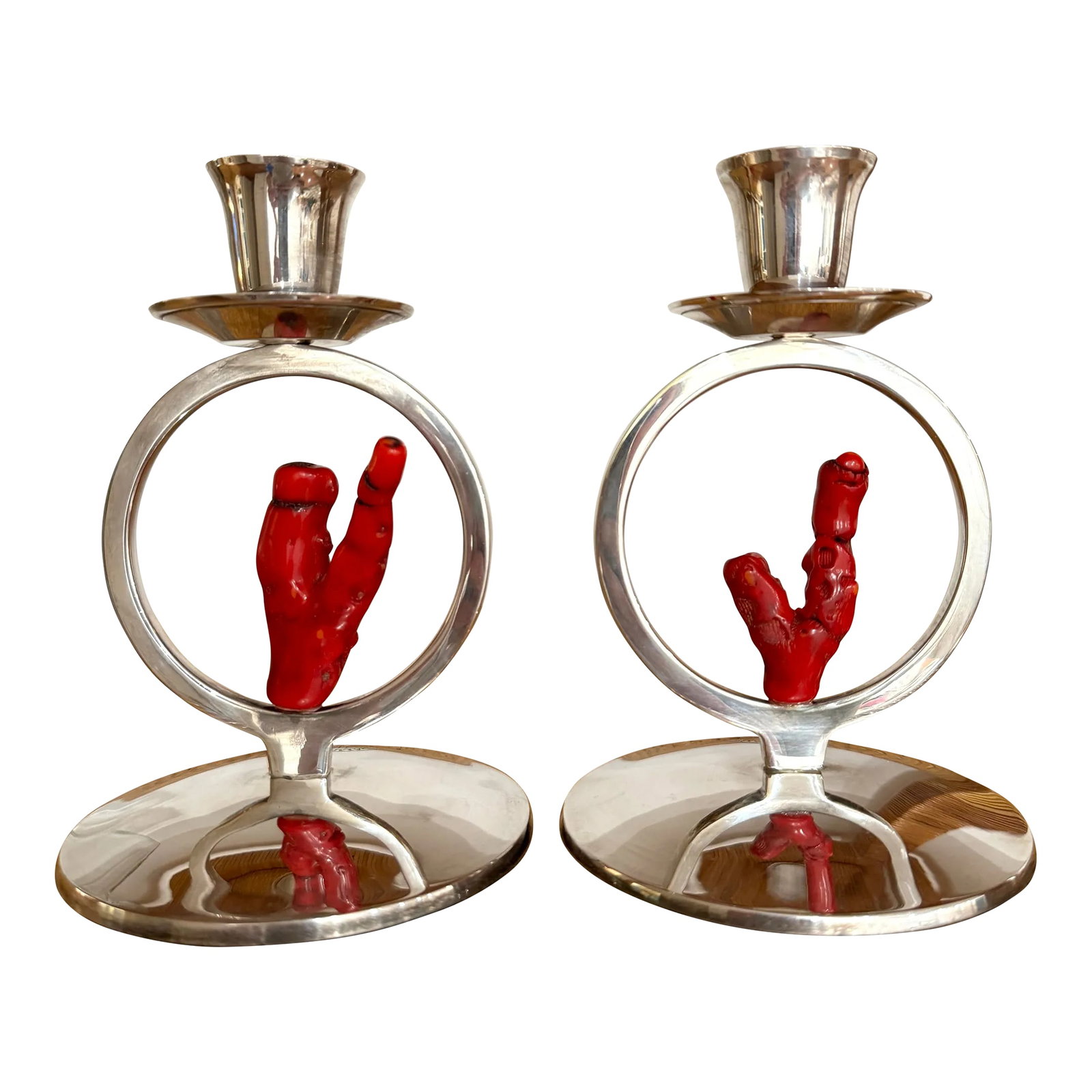 Italian Silver Red Coral Candle Holders: Pair of vintage Italian candleholders. Silver with red coral piece inside circular design. Marked "Daliana & co" Italy 020. Excellent condition Condition: Alterations: Original Condition Unaltered