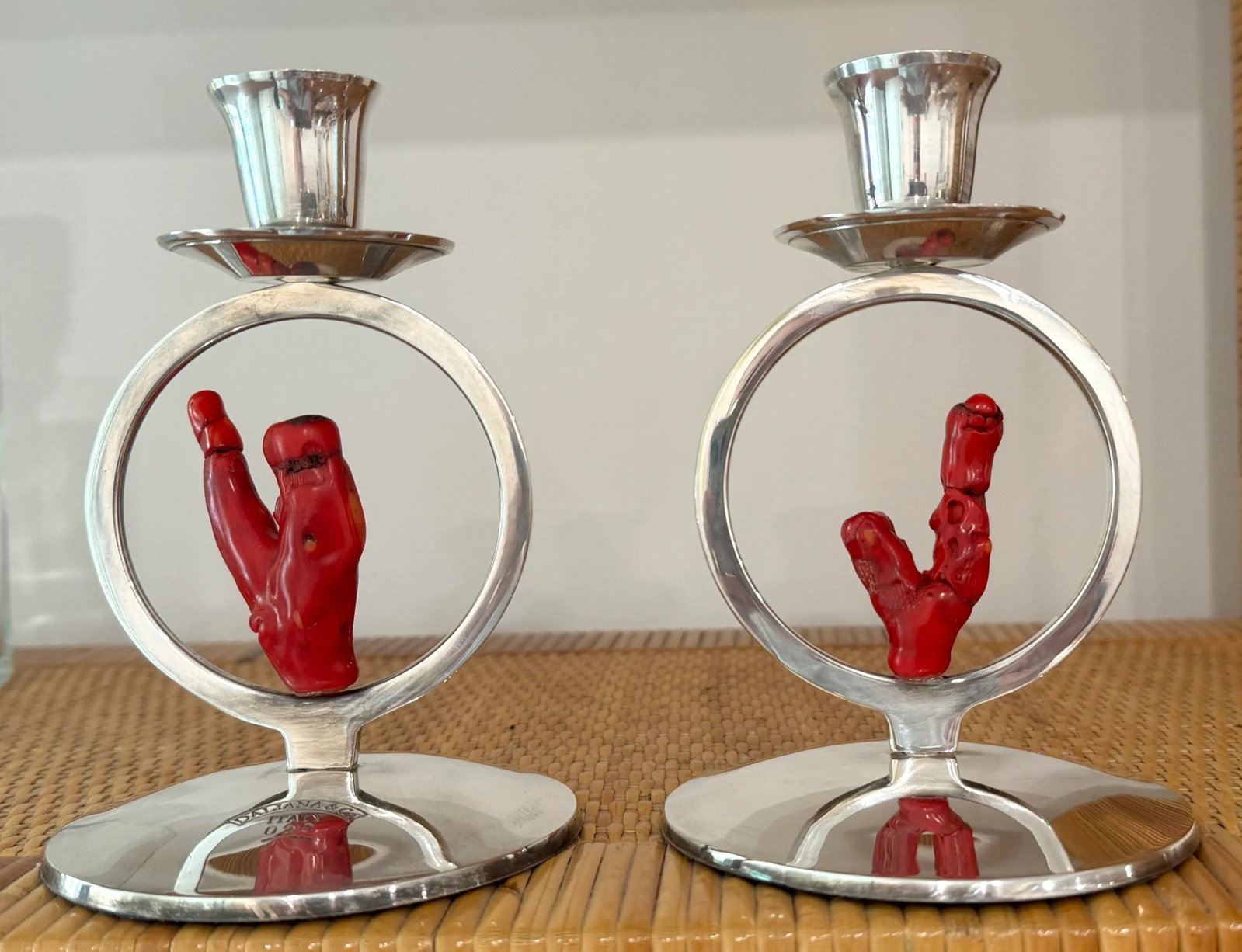 Italian Silver Red Coral Candle Holders - 2