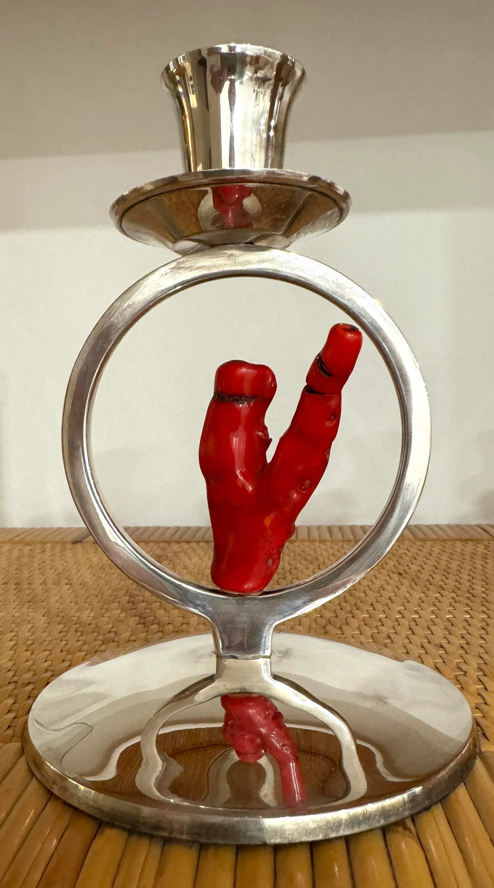 Italian Silver Red Coral Candle Holders - 3