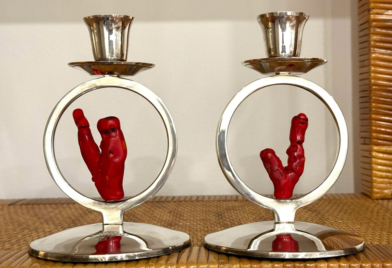 Italian Silver Red Coral Candle Holders - 5