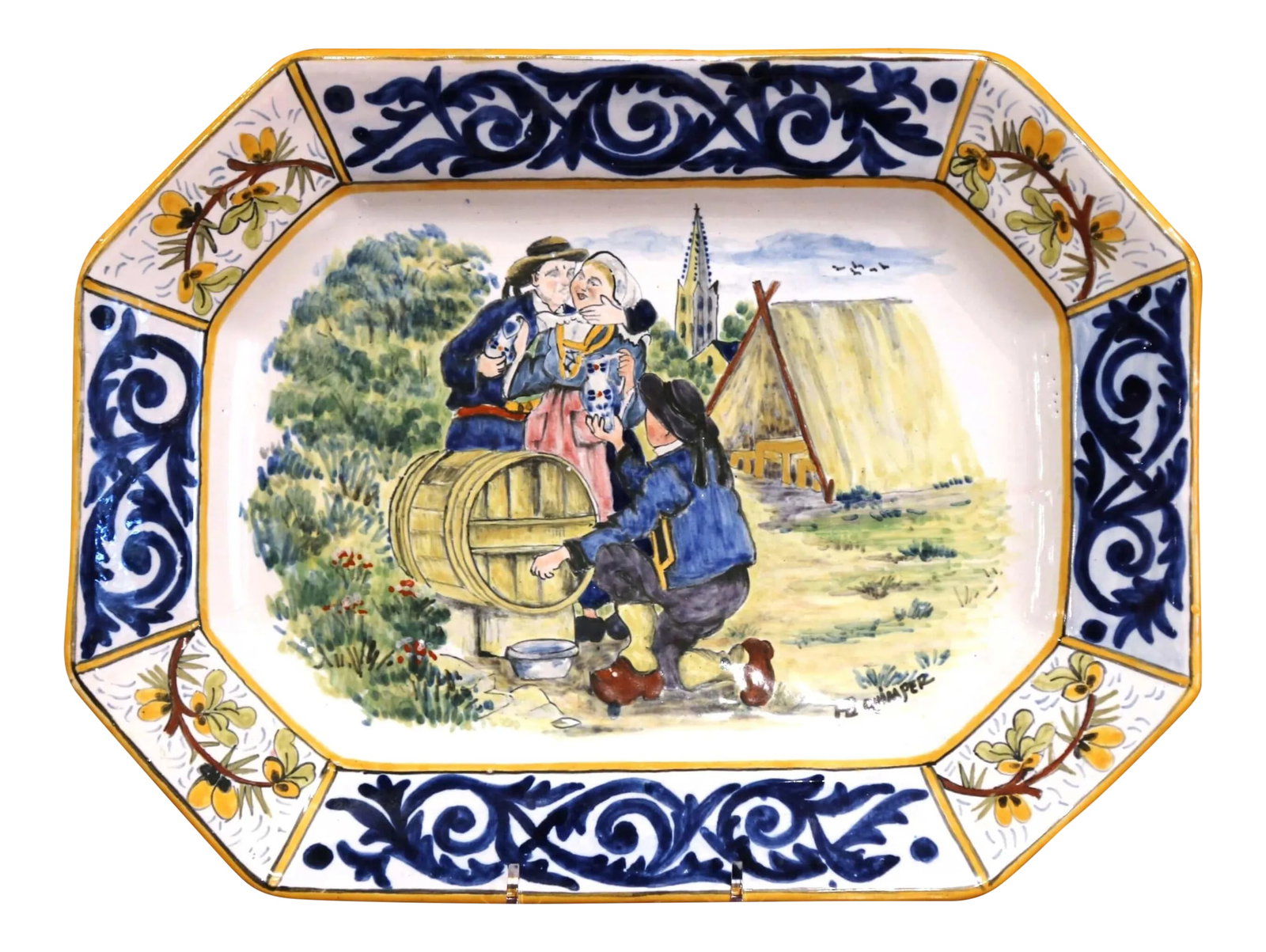Large Early 20th Century French Hand-Painted Faience Hb Quimper Platter: Decorate a wall of a shelf with this colorful antique platter; created in Brittany, France circa 1920, the hand painted ceramic plate features a happy drinking scene with wine maker handing pitcher to