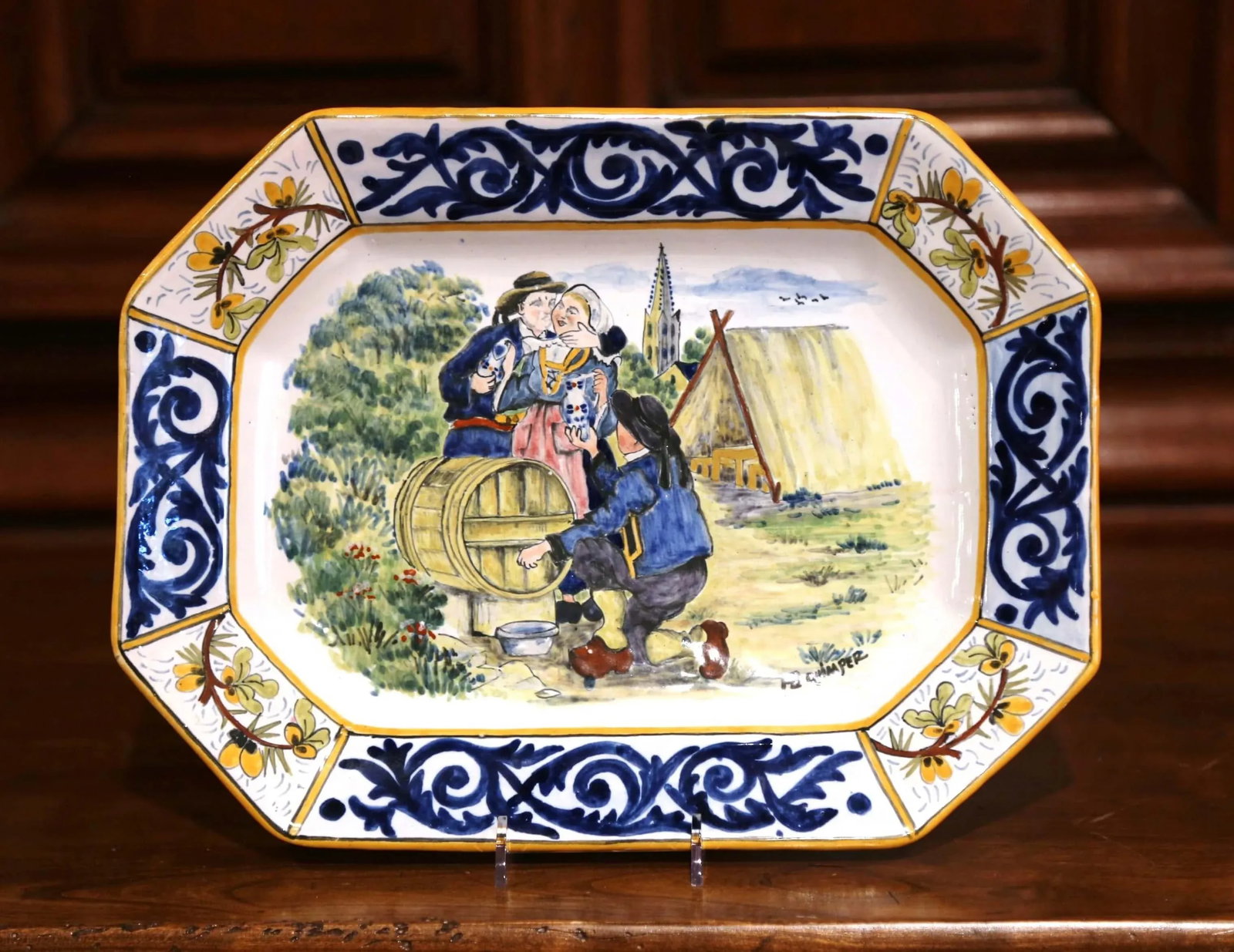 Large Early 20th Century French Hand-Painted Faience Hb Quimper Platter - 8