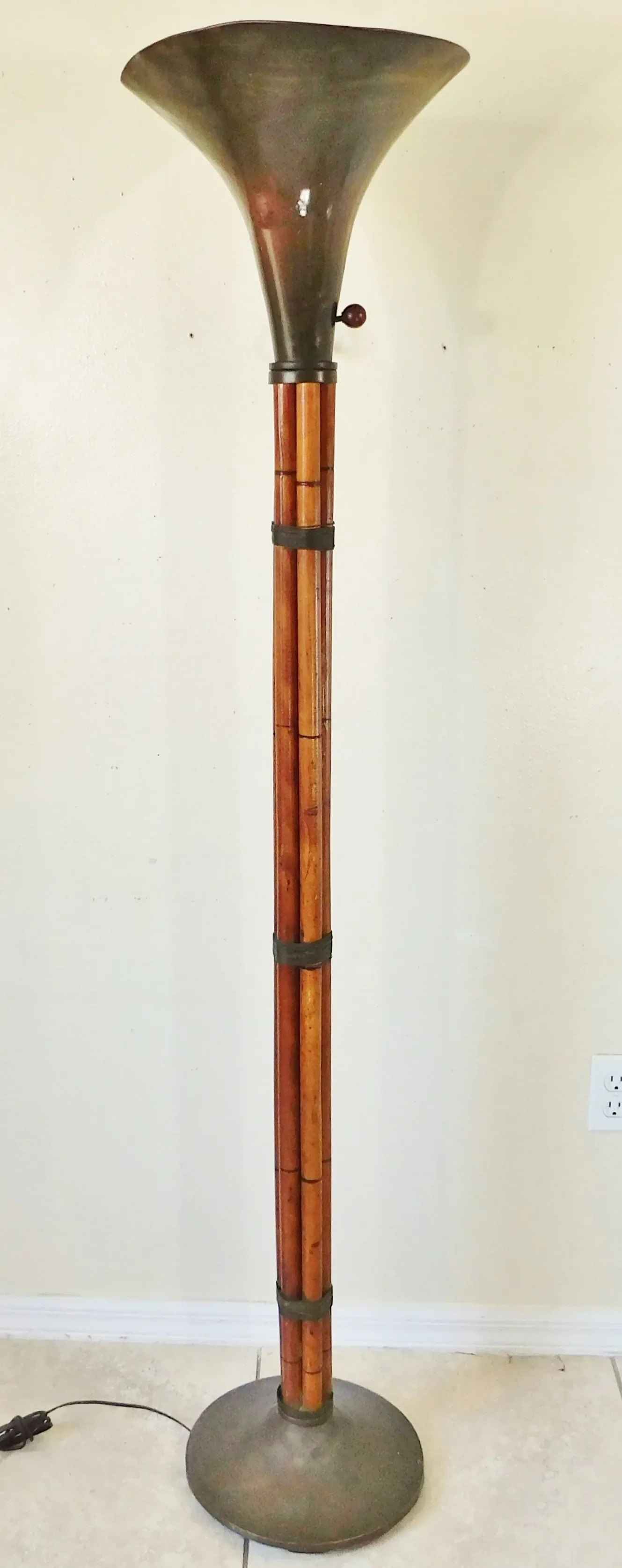 Vintage Mid Century Modern Russell Wright Bamboo & Brass Torchiere Floor Lamp - 2