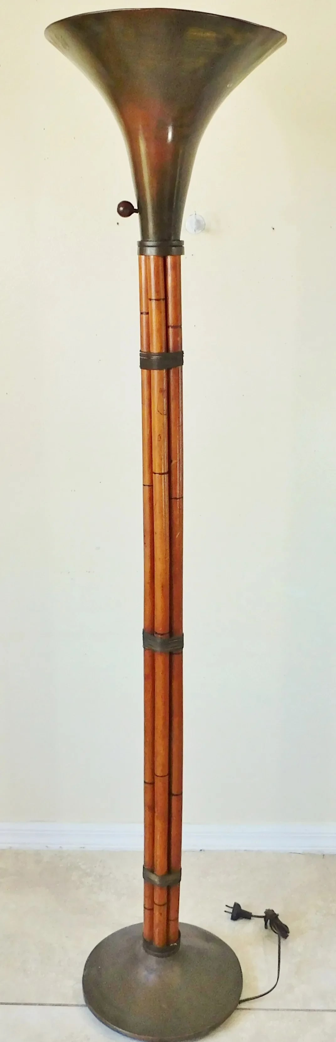 Vintage Mid Century Modern Russell Wright Bamboo & Brass Torchiere Floor Lamp - 6