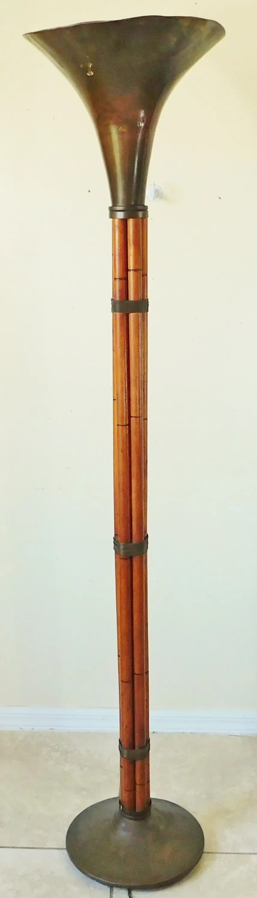 Vintage Mid Century Modern Russell Wright Bamboo & Brass Torchiere Floor Lamp - 9