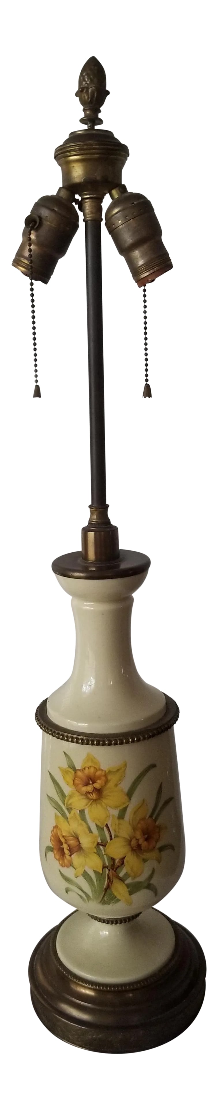 Antique Bouillotte Porcelain & Brass Table Lamp: We love this extraordinary antique table lamp for the all original parts and working condition in its 100 year old splendor! The body of the lamp is presumed to be porcelain with a primarily yellow wi