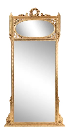 1920s French Giltwood Trumeau Mirror: Striking giltwood trumeau mirror. Exquisitely crafted. Made in France, c.1920s. Condition: Alterations: Original Condition Unaltered Imperfections: Some Imperfections Condition Notes: Very good vintag
