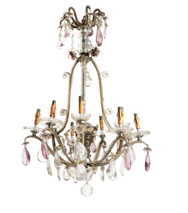 1930s French 10 Light Bagues Chandelier: Striking Bagues chandelier featuring 10 lights. Pink crystals. Circa 1930s. Condition: Alterations: Original Condition Unaltered Imperfections: Some Imperfections Condition Notes: Very good vintage
