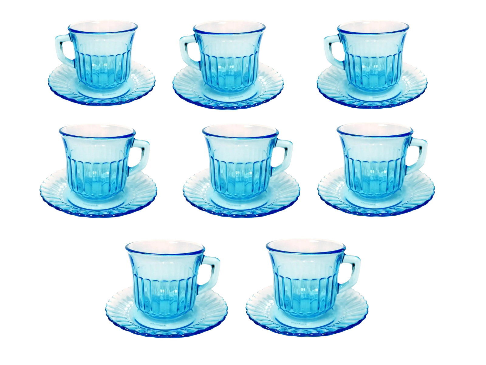 Vintage Forte Crisa Cup & Saucer Light Blue Glass Tea Serving Set of 8: ForteCrisa cup & saucer set light blue glass tea or coffee cups set of 8 Made in Mexico Item Details: -Made in Mexico -Light Blue Color -Fortecrisa Glass Brand -In excellent condition(No Crack, or Chi