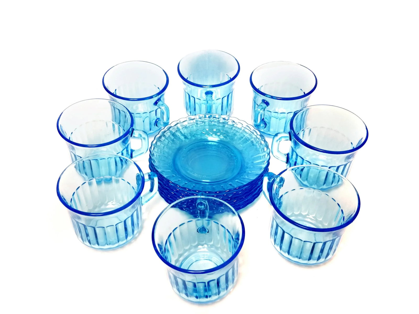 Vintage Forte Crisa Cup & Saucer Light Blue Glass Tea Serving Set of 8 - 3