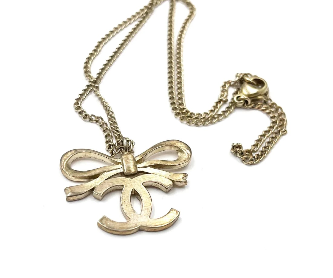 Chanel Light Gold Ribbon Bow CC Necklace - 2
