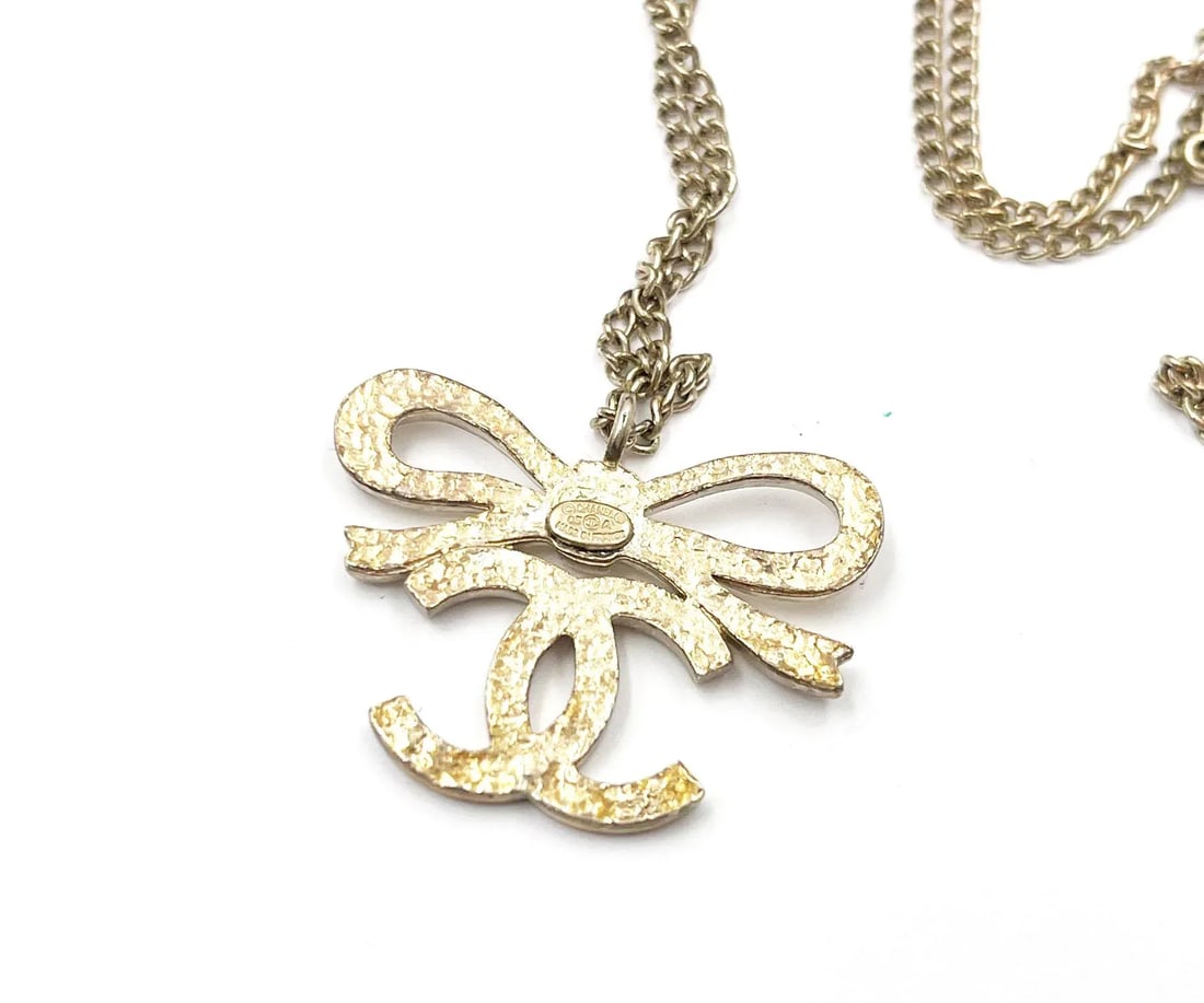 Chanel Light Gold Ribbon Bow CC Necklace - 3