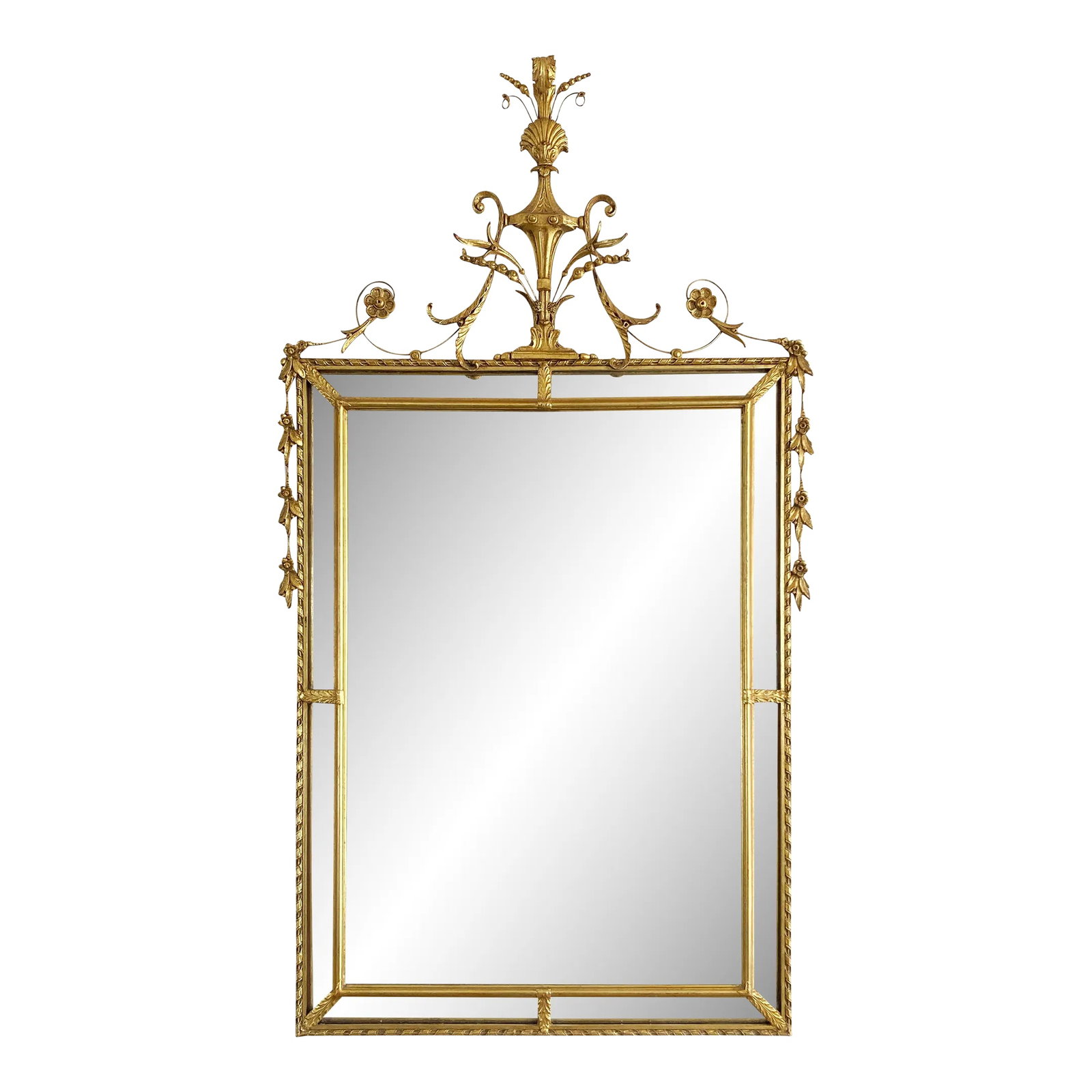 Substantial Vintage NeoClassical Regency Style Wall Mirror: Vintage Neo Classical Regency style wall mirror with beveled glass frames. Features clam shell atop urn with intricate swirl pattern to crest with carved tendrils draping each side. Stunning carved