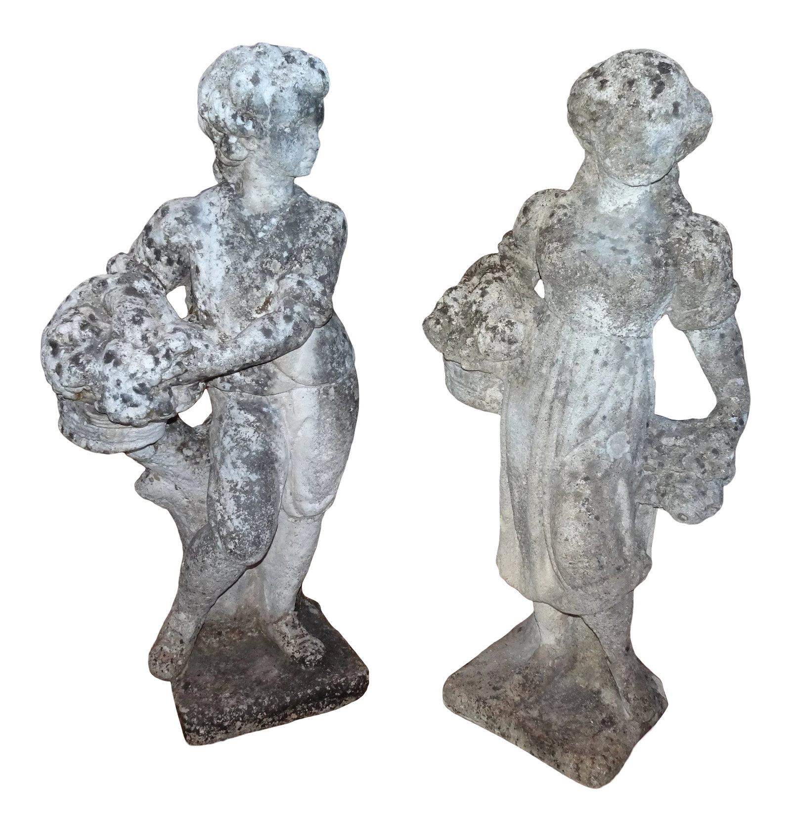 Vintage French Stone Statues - a Pair: Very precious pair of stone statues depicting a young boy and girl carrying baskets of fruits. Circa 1950. Only one break repaired at bottom of the girl statue. Condition: Alterations: Original Condit