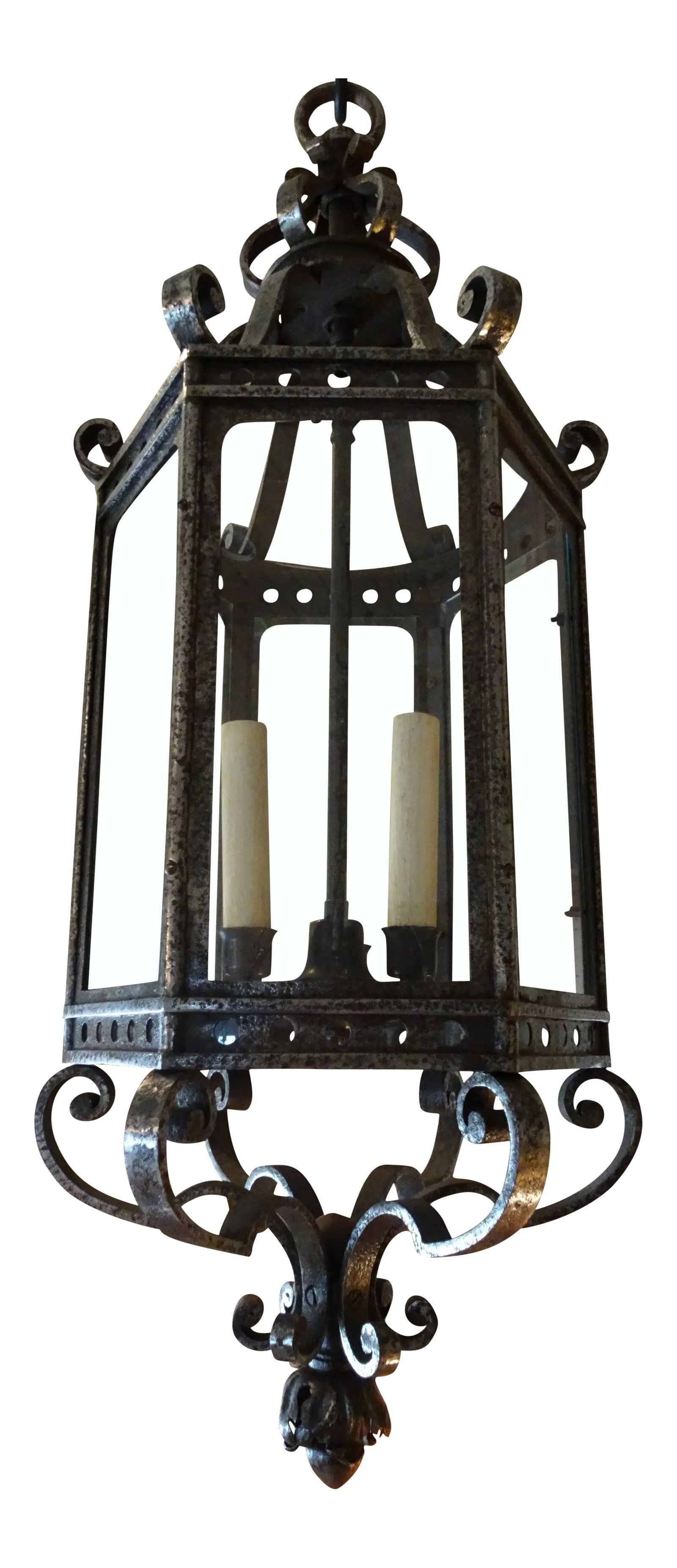 French Vintage Iron Lantern: Charming French silvered iron lantern from 1930. Three lights cluster. US wired. Scrolls on top and bottom as well as pierced gallery. 6 glass panels and one on hinges opens up. Condition: