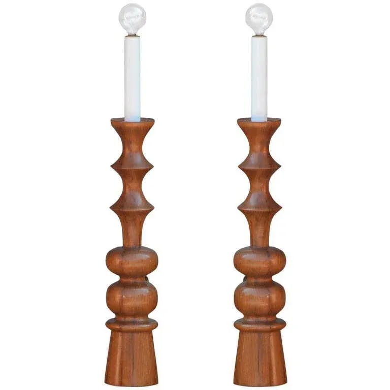 Turned Wood Candlestick Mantel Lights - a Pair - 10